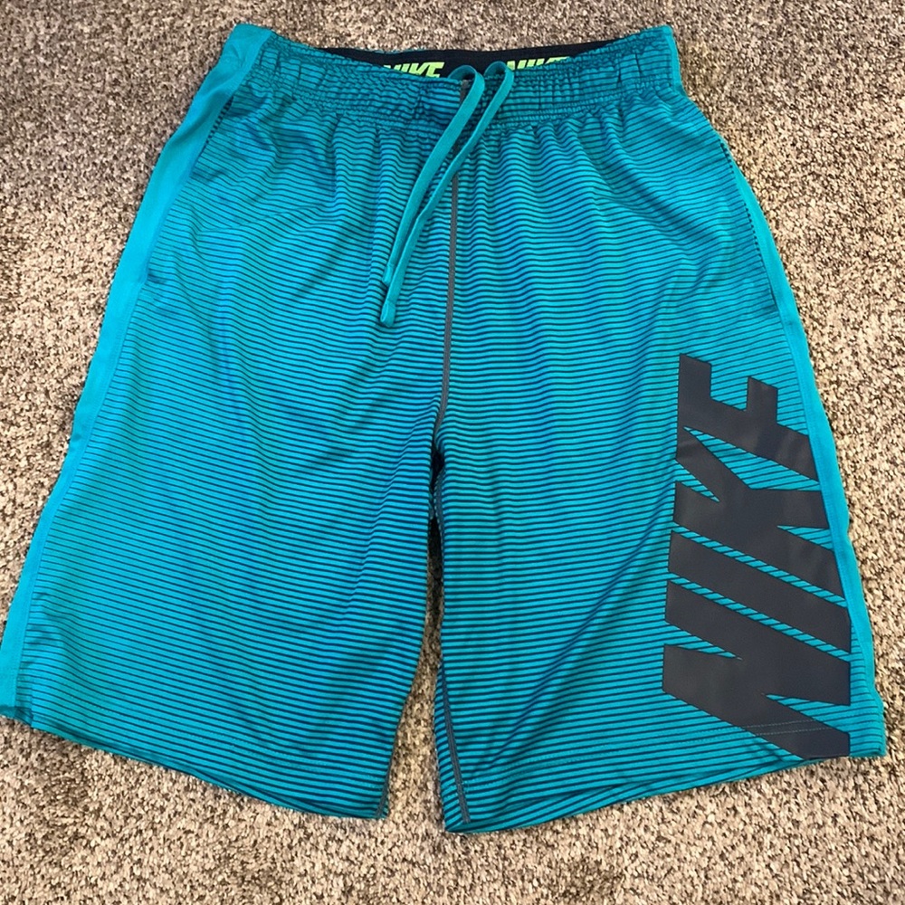 Striped Nike Dri-Fit shorts. Teal in color with navy stripes and lettering.